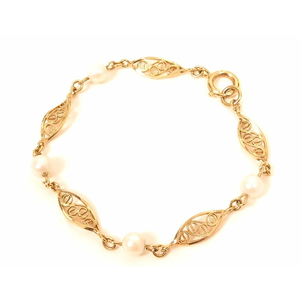 VINTAGE 1/20 12K GF GOLD FILLED FILIGREE FAUX PEARL CHAIN LINK BRACELET